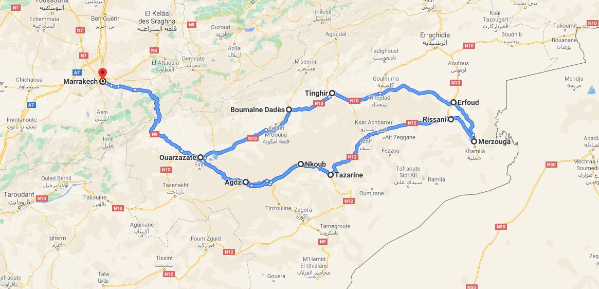 Carte du circuit de Marrakech à Merzouga