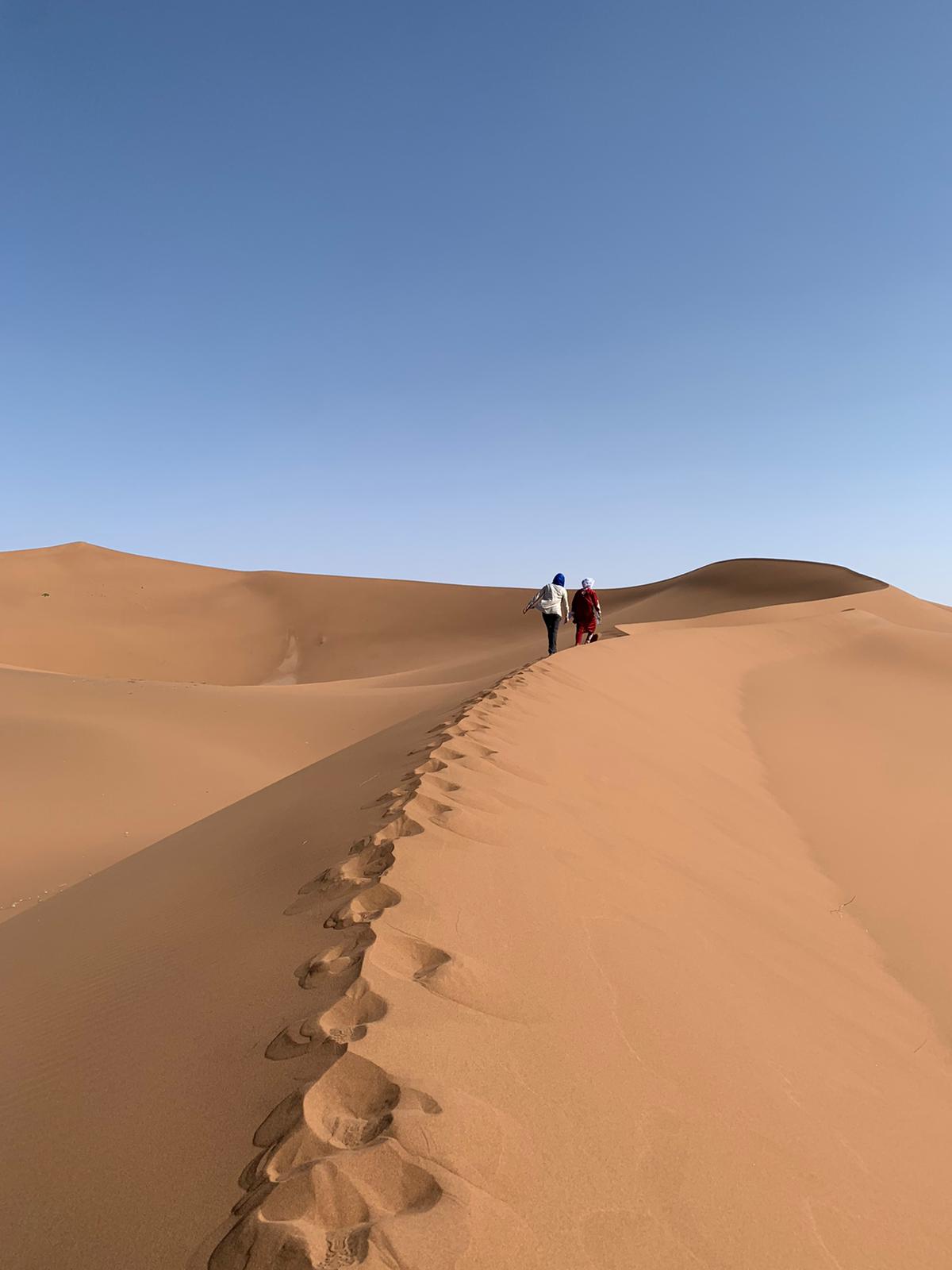 silhouettes marchent au sommet d'une dune